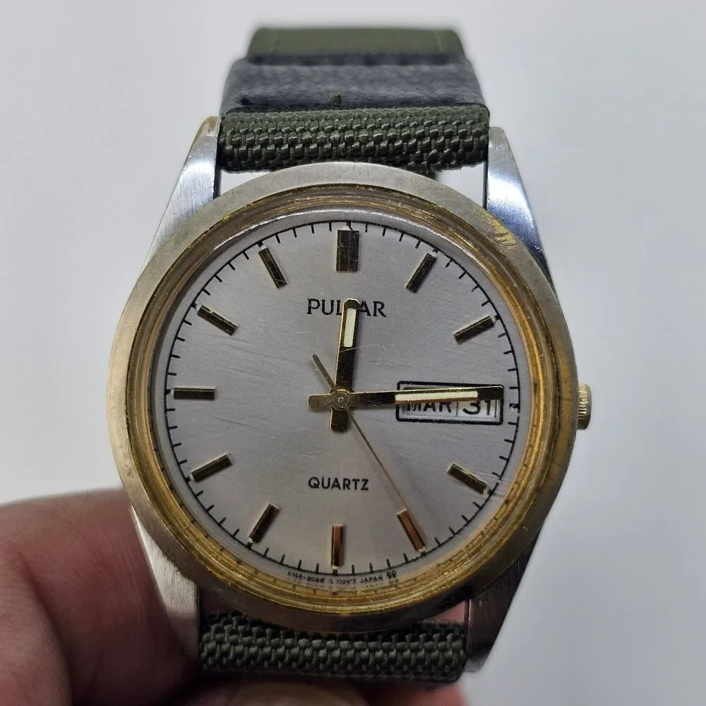 VTG Pulsar Men's Watch 35MM Gray Dial Day Date New Canvas‎ Bands New Battery